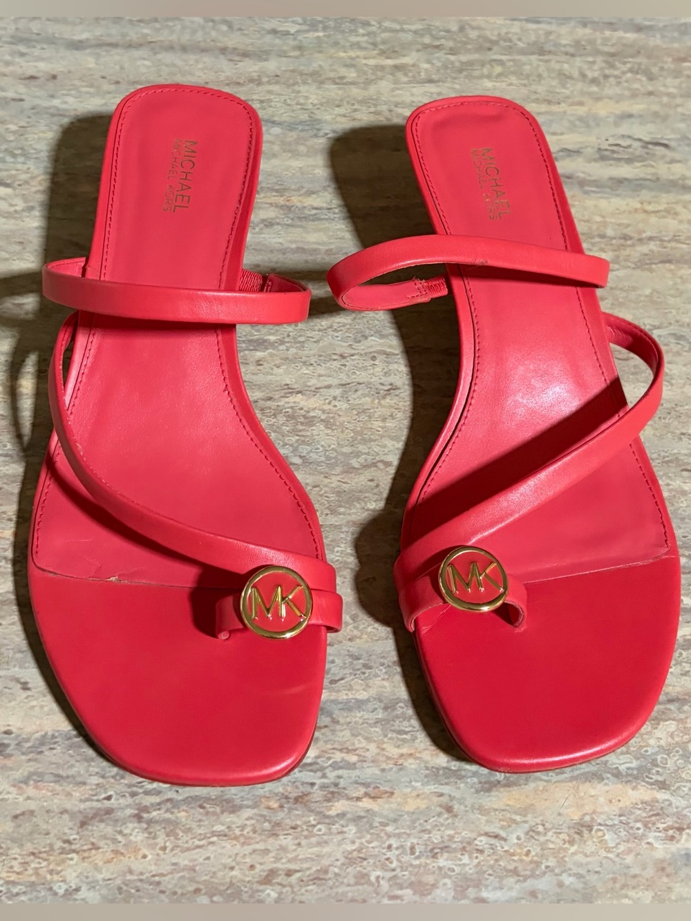 Michael Kors Bright Coral Strappy Logo Slide Mini Heels Sandals
